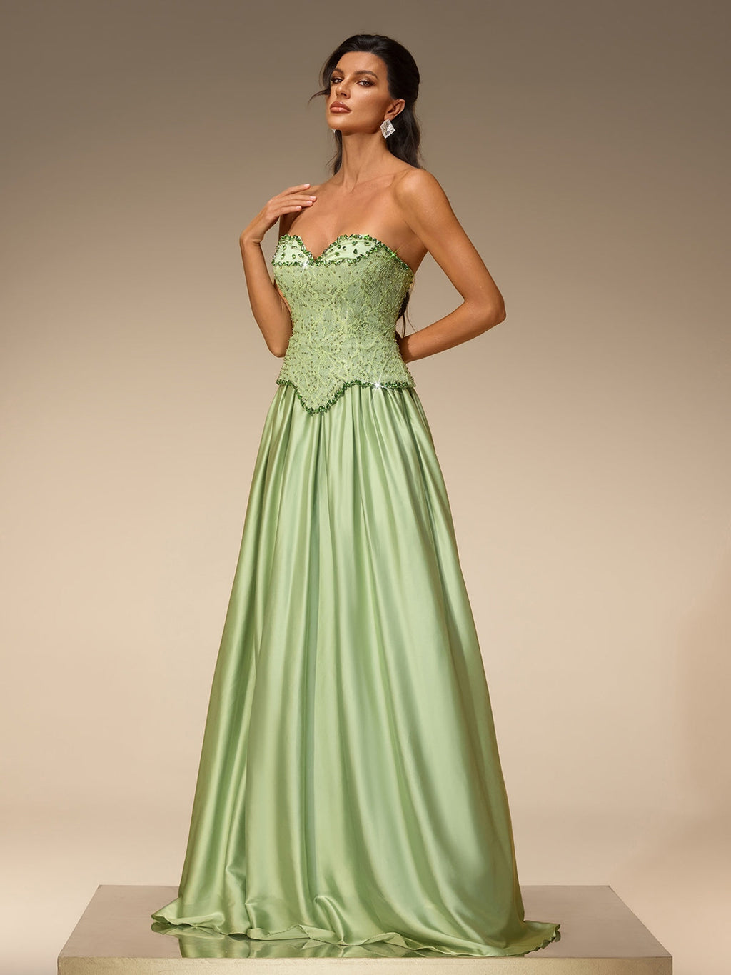 Lorvena Strapless Crystal Satin Maxi Dress