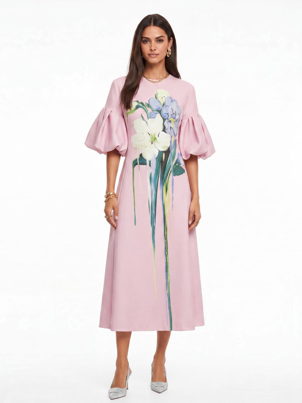 Luvric Puff Sleeve Floral Midi Dress