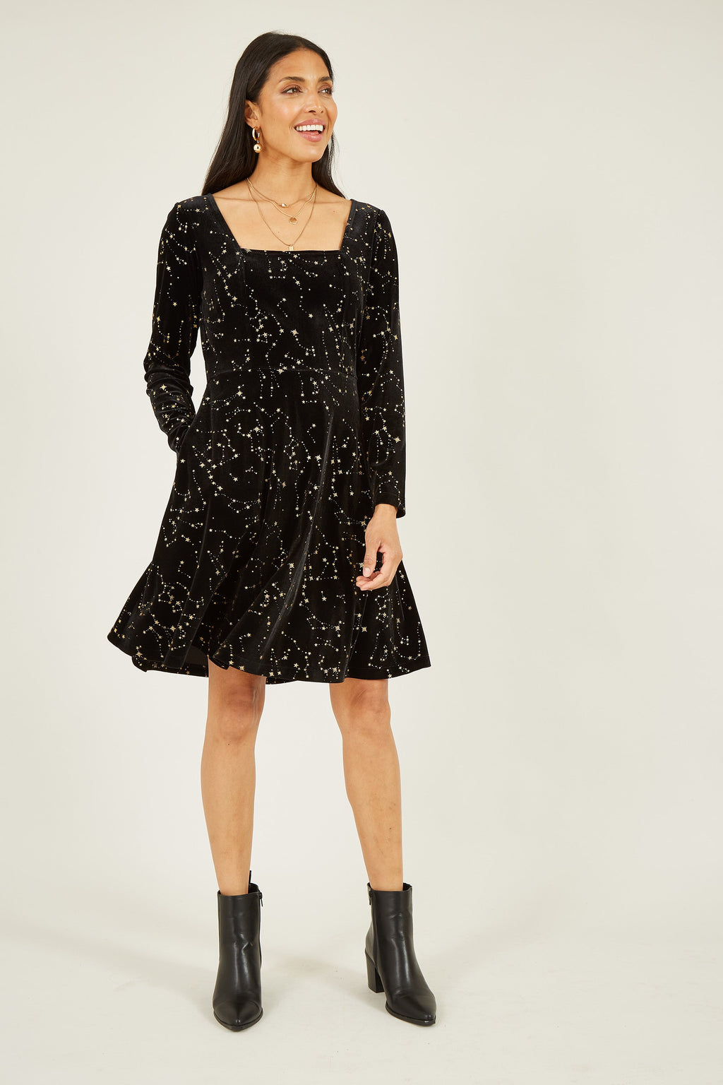 Yumi Black Star Foil Print Long Sleeve Skater Dress