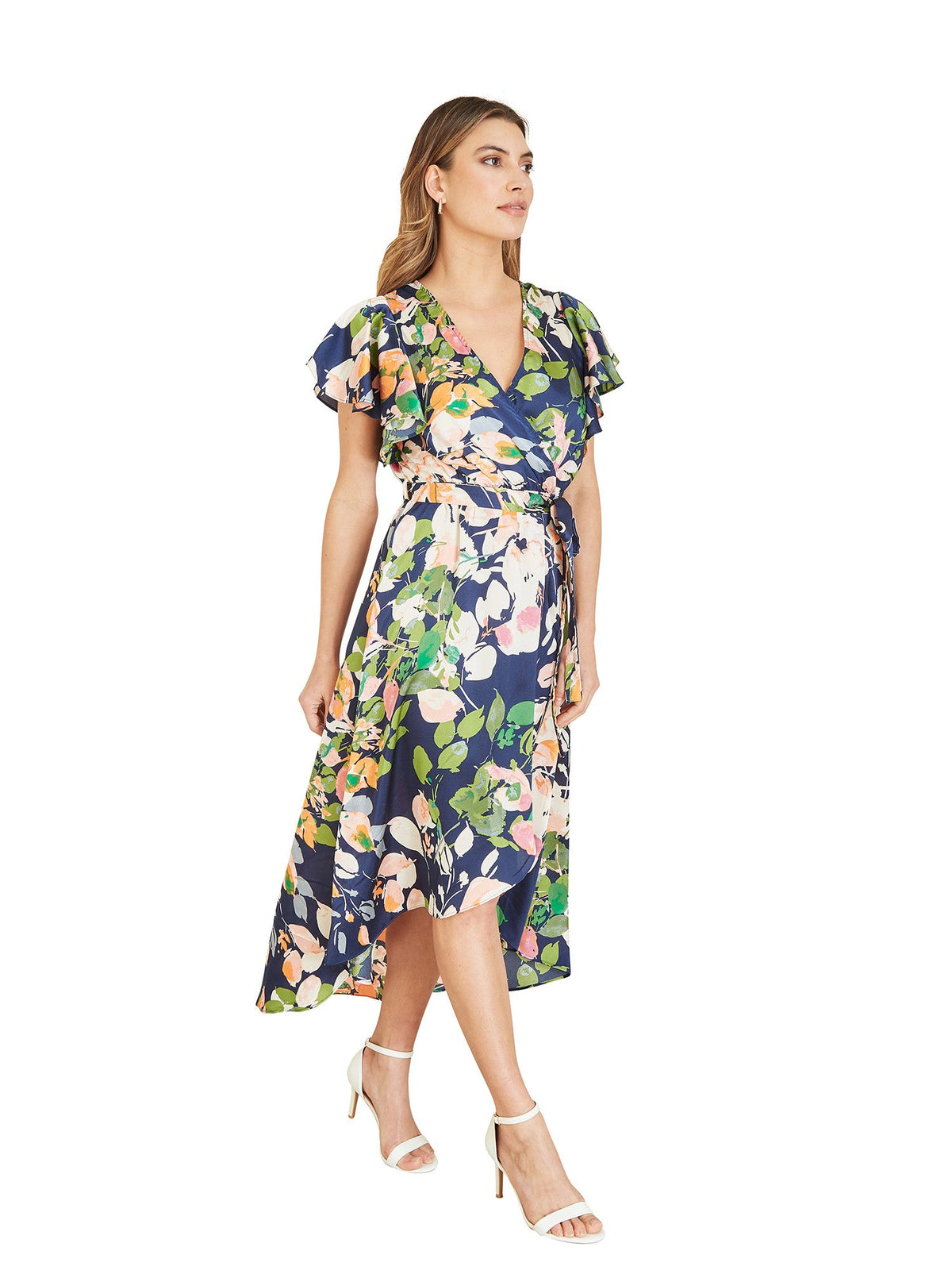 Mela Navy Floral Satin Wrap Over Midi Dress With Frill Sleeve