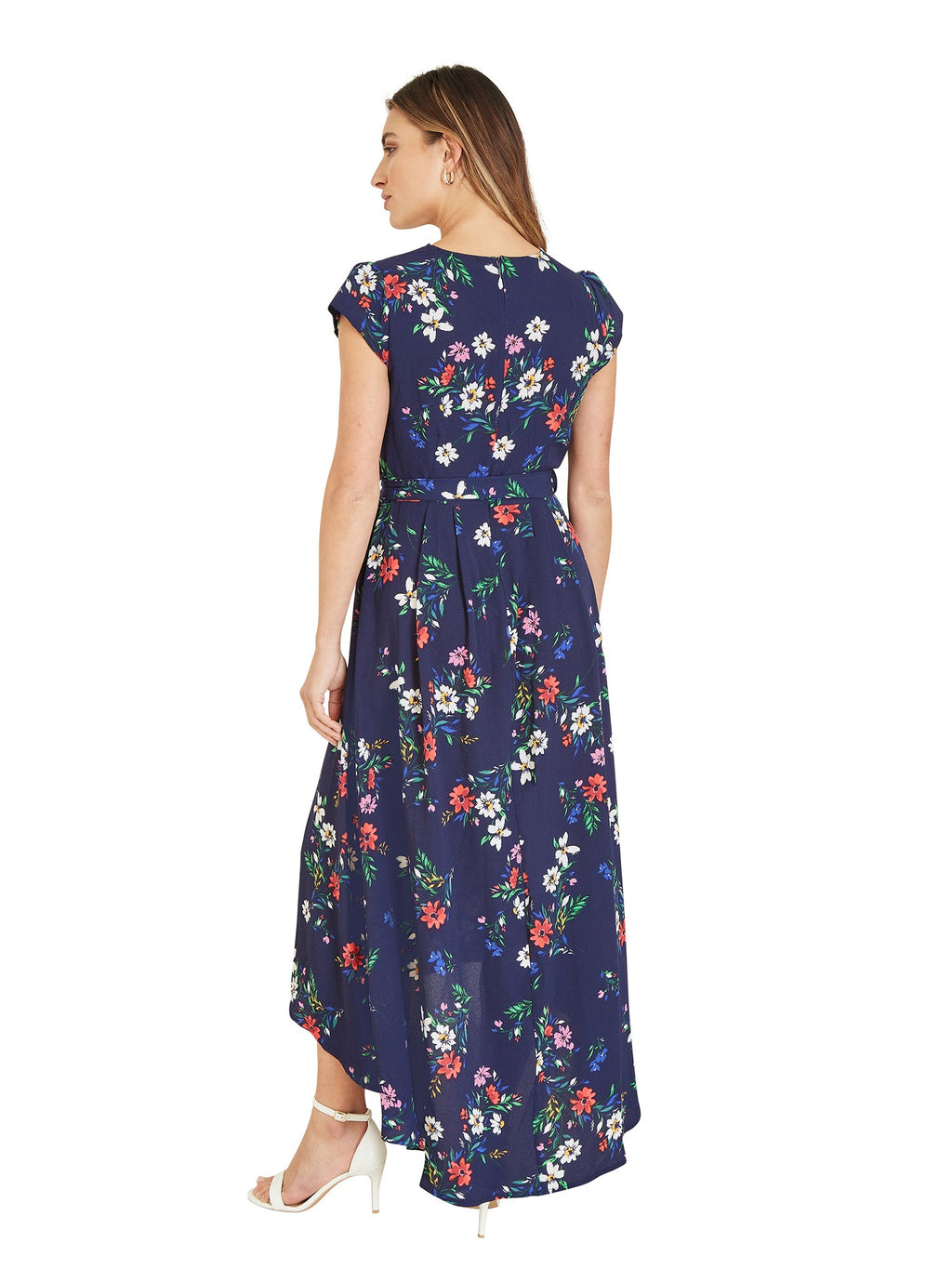 Mela Navy Daisy Print Wrap Over Midi Dress With Dipped Hem