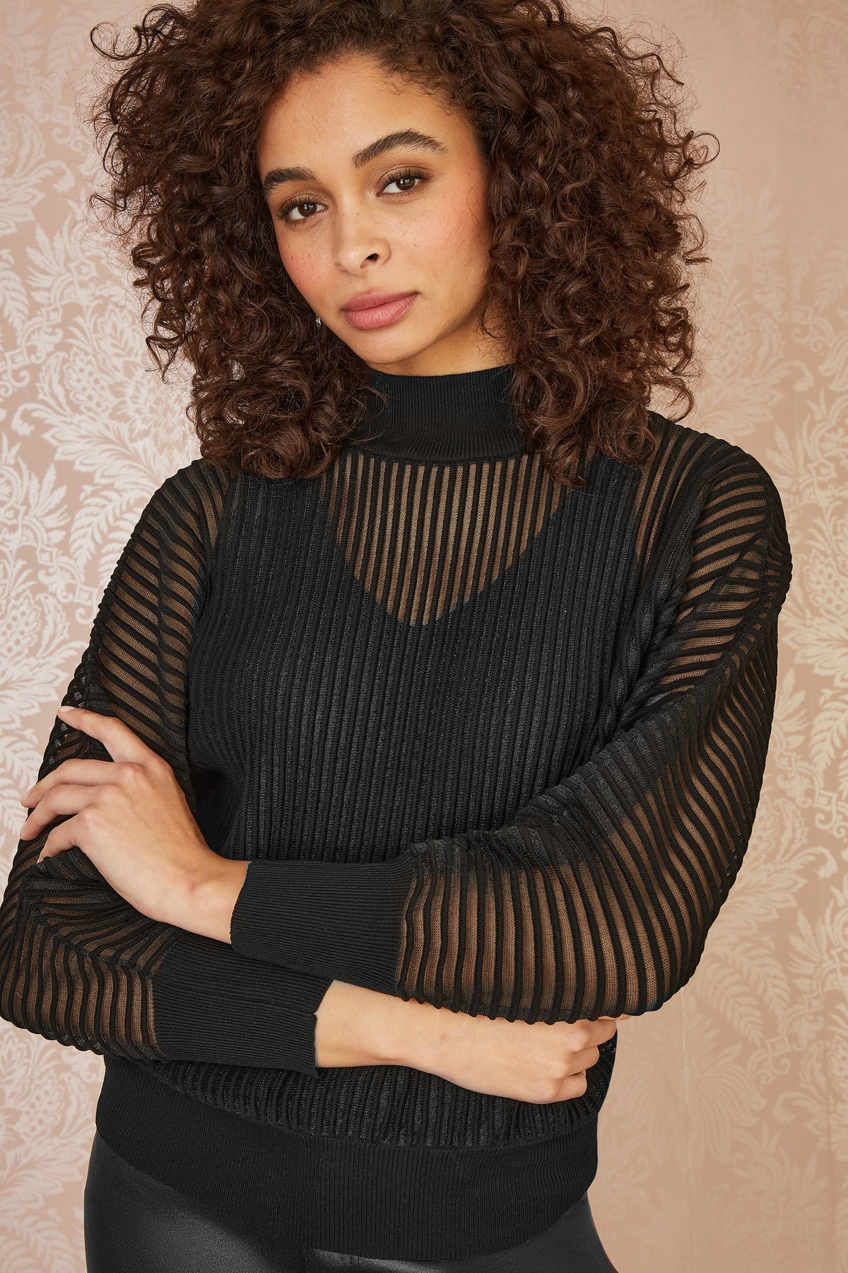 Yumi Black Sheer Roll Neck Jumper With Knitted Vest Top