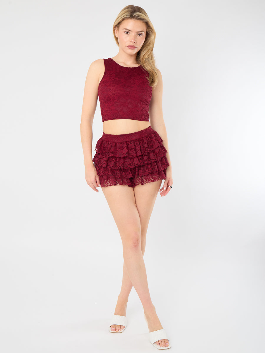 Lace Detail Slinky Crop Top & Frill Mini Skort Co-ord