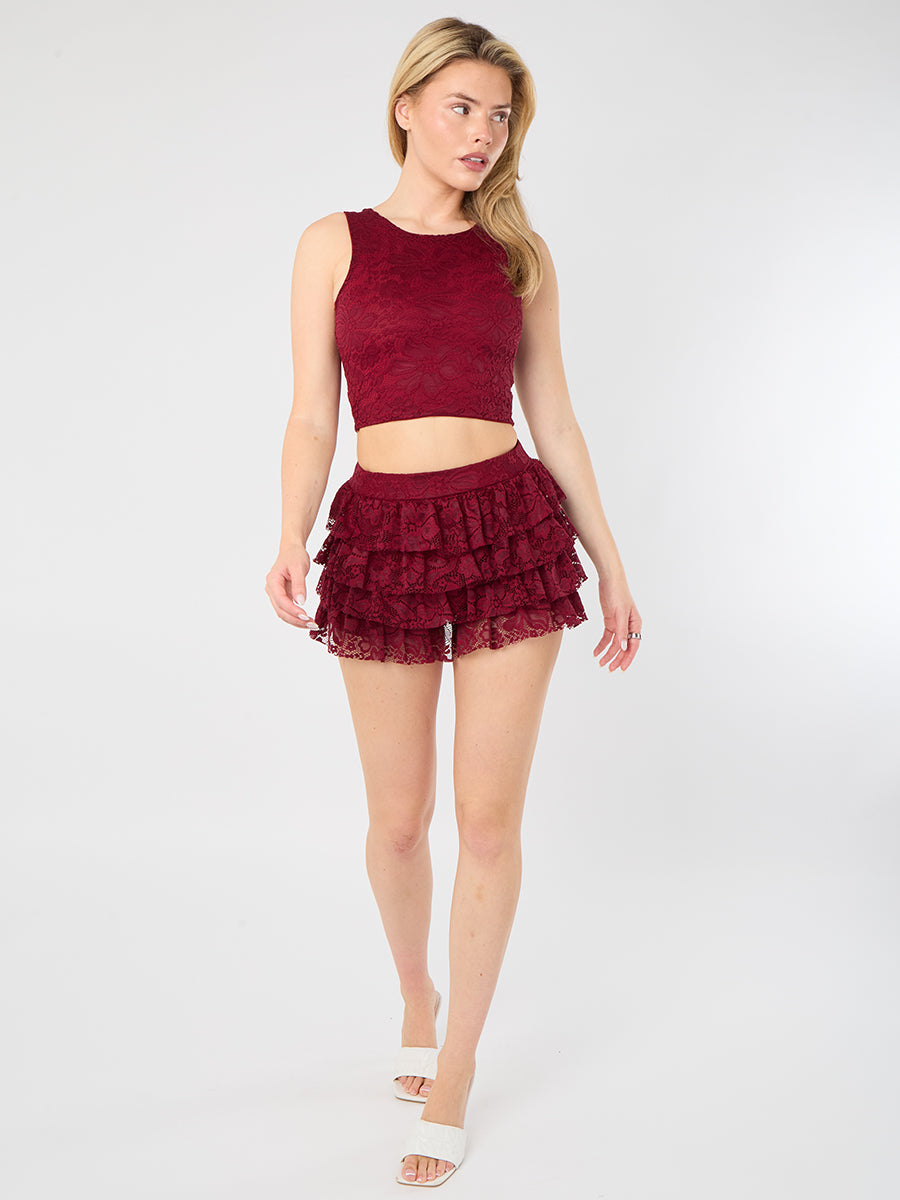 Lace Detail Slinky Crop Top & Frill Mini Skort Co-ord