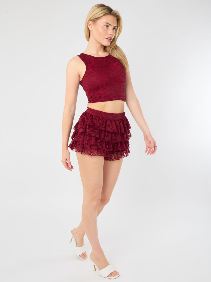 Lace Detail Slinky Crop Top & Frill Mini Skort Co-ord