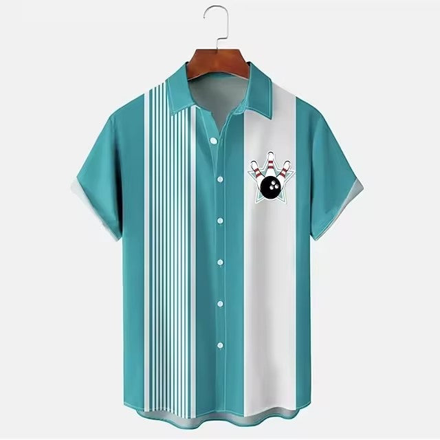 Men’s 3D Bowling Shirt – Digital Print, Casual Short Sleeve Top