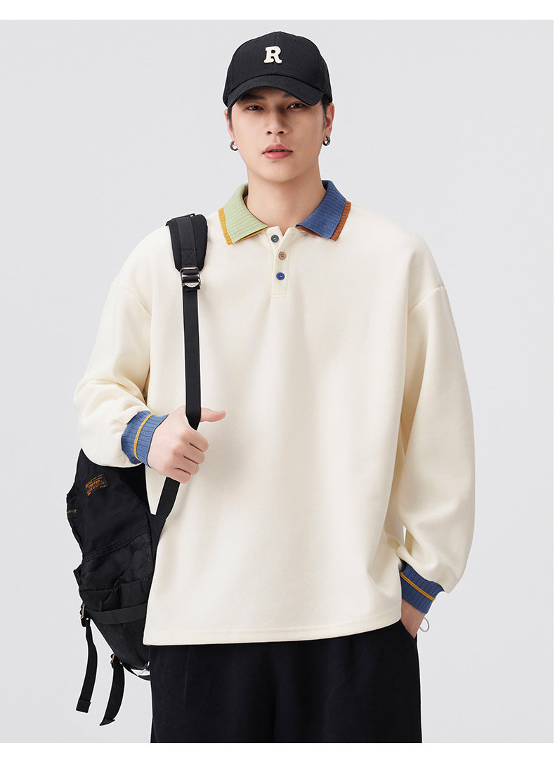 Casual Retro Contrast Color Lapel 280g Sweatshirt High-End Polo Collar Top Trendy Loose Couple Autumn Sweatshirt