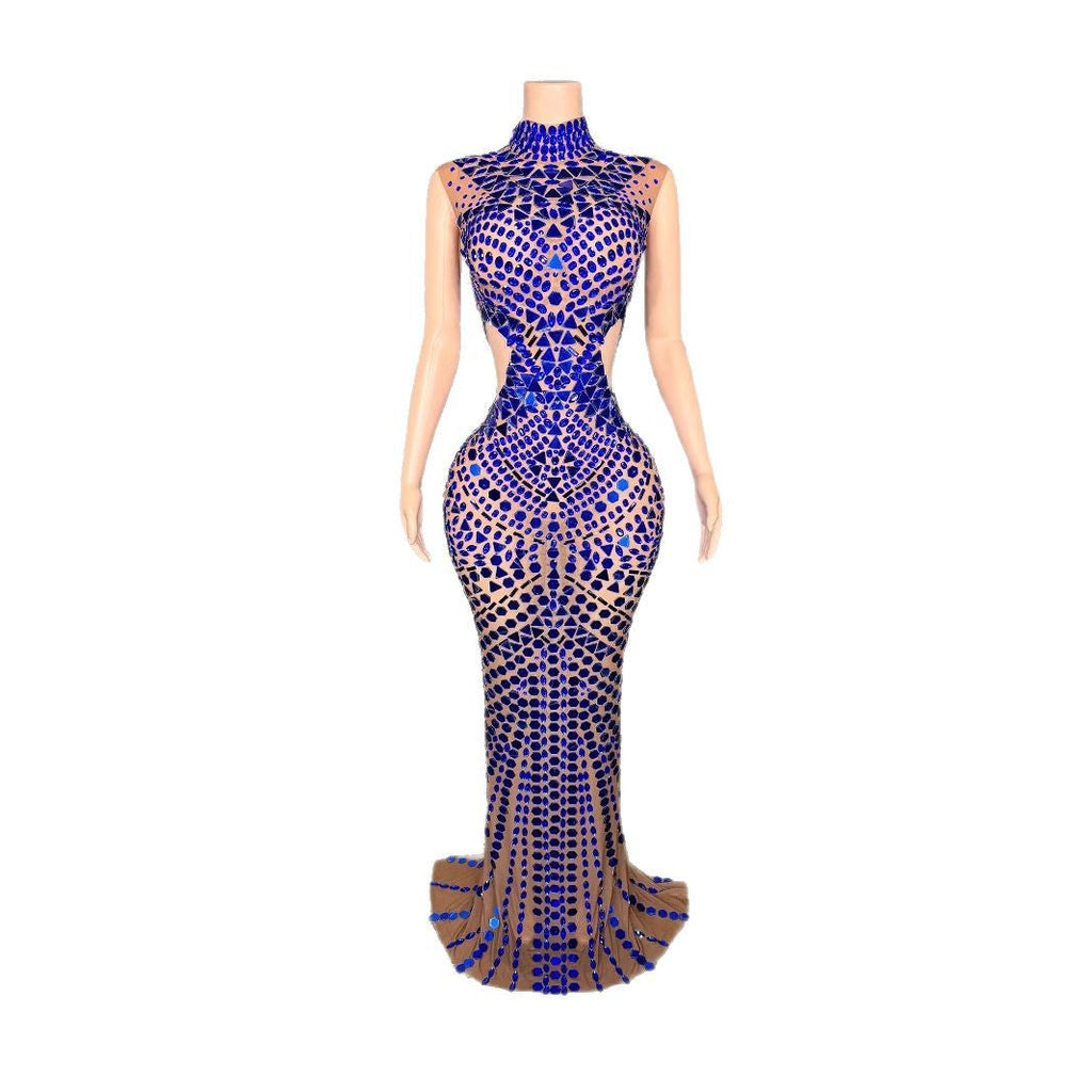 Luxury Mirror Sequins Sheath Halter Trailing Dress