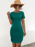 Women's Solid Color Short Sleeve Slim U-shaped Split Dress