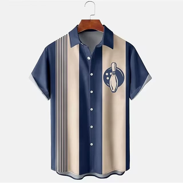 Men’s 3D Bowling Shirt – Digital Print, Casual Short Sleeve Top