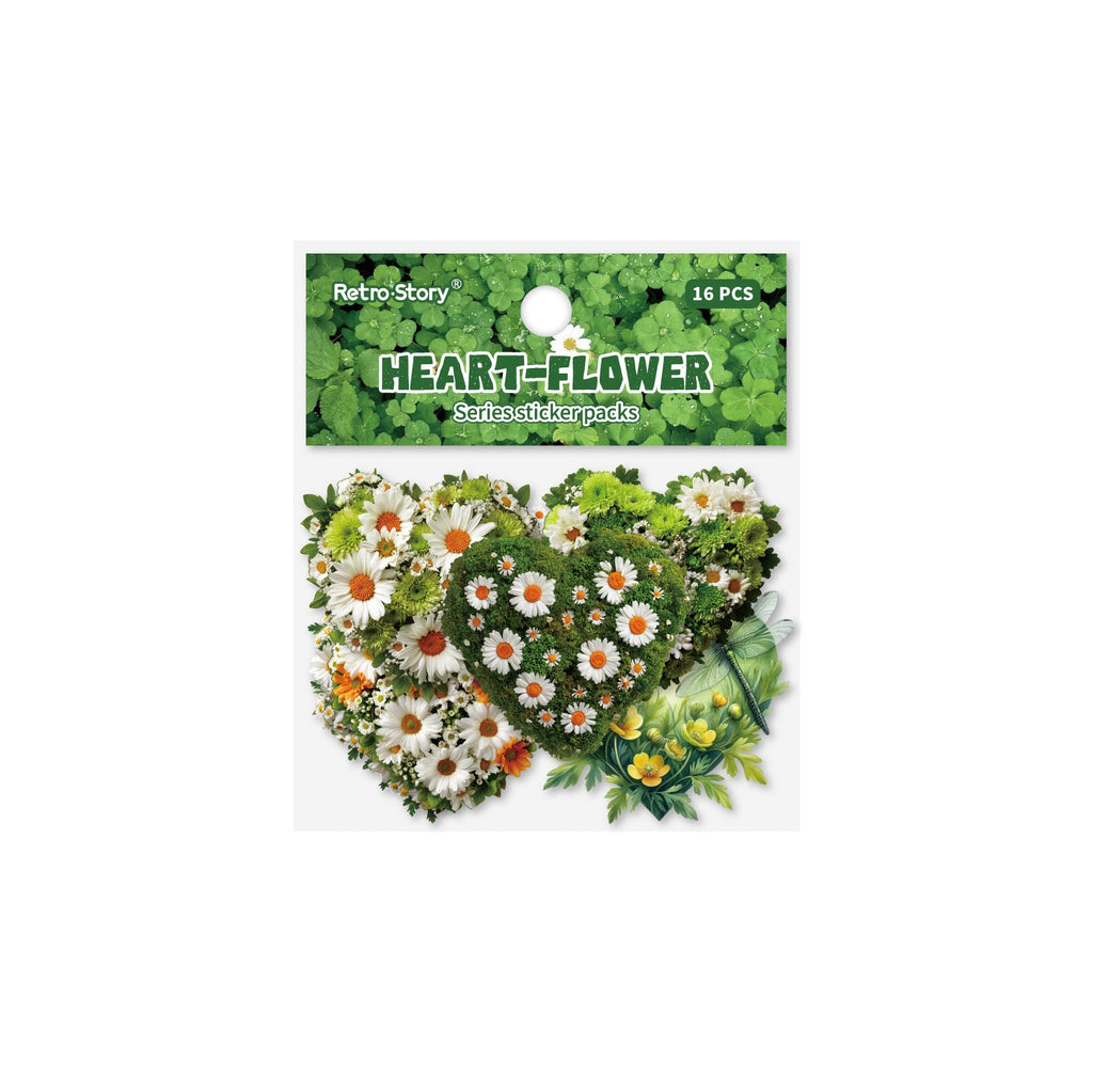 Retro Story Heart Flower Series Stickers Love Heart Floral Pet Journal Decoration Versatile Background Scenery Sticker Pack