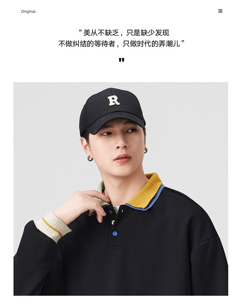 Casual Retro Contrast Color Lapel 280g Sweatshirt High-End Polo Collar Top Trendy Loose Couple Autumn Sweatshirt