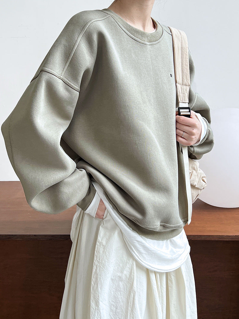 Luxi Simple Profile Loose BF Solid Color Lazy Pullover Sweatshirt Women's ins Letter Embroidered Long-sleeved Top 2267