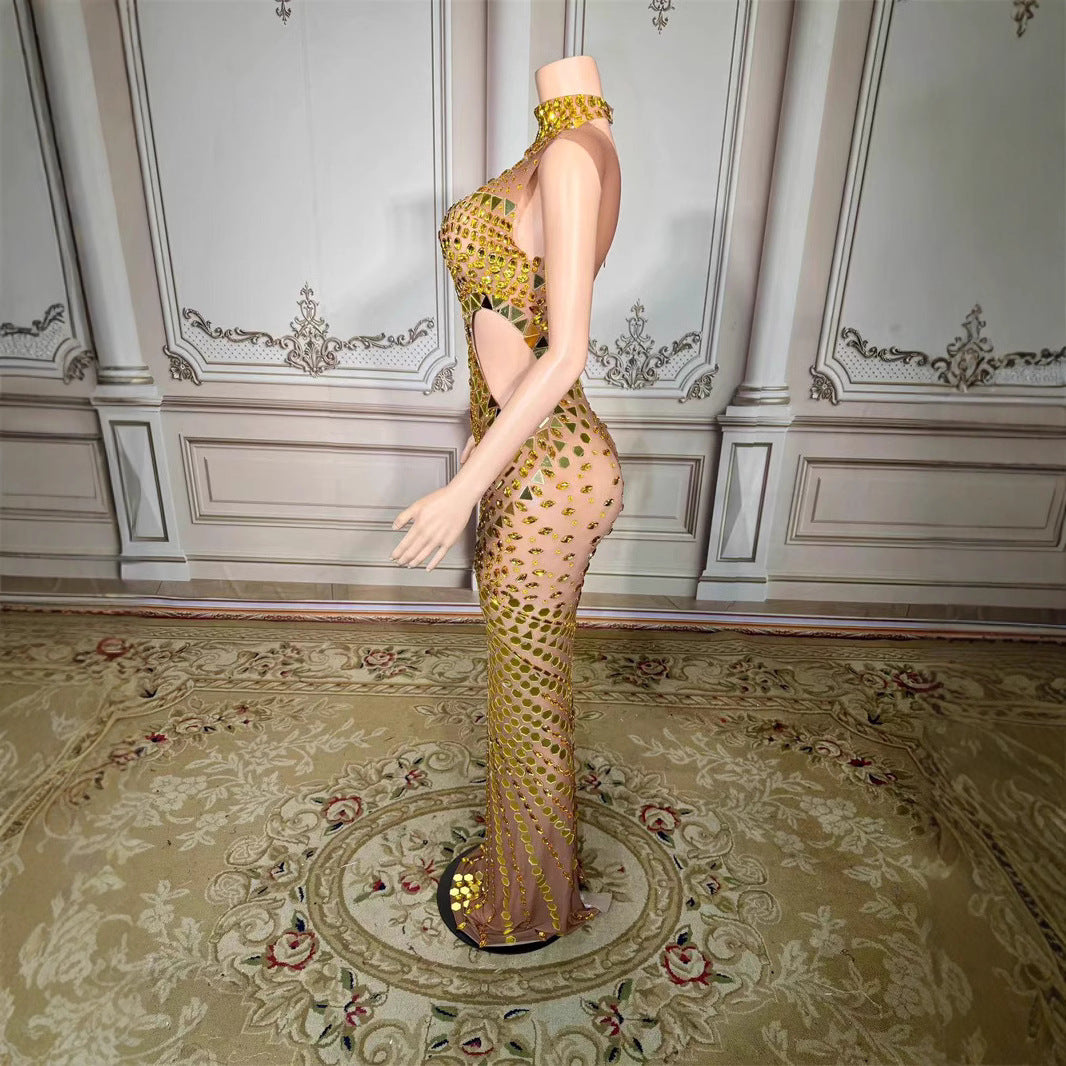 Luxury Mirror Sequins Sheath Halter Trailing Dress
