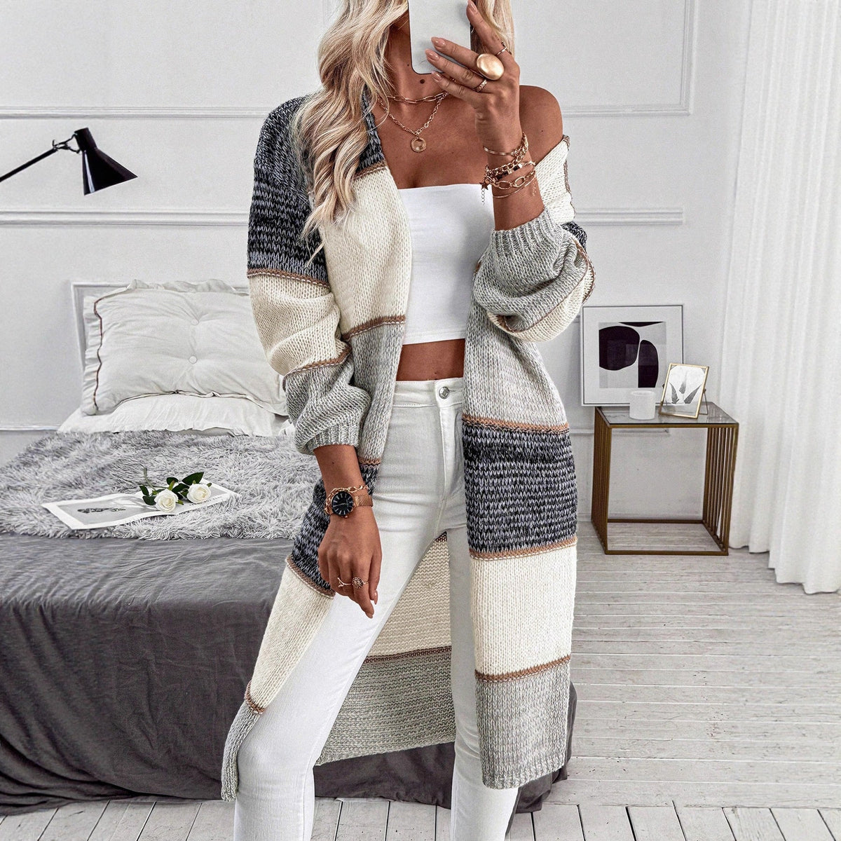 Women's Casual Knitted Color Matching Long Cardigan