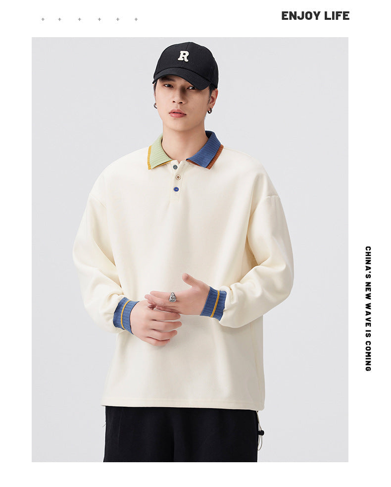 Casual Retro Contrast Color Lapel 280g Sweatshirt High-End Polo Collar Top Trendy Loose Couple Autumn Sweatshirt