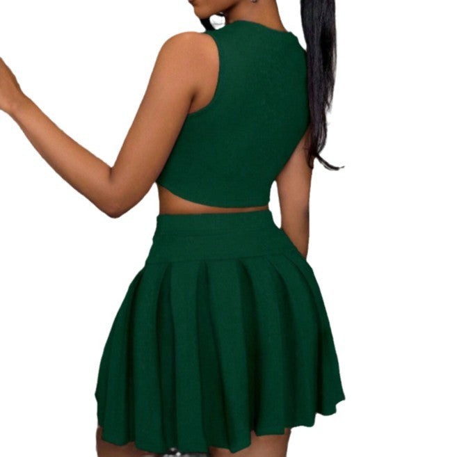 Women's Pleated Fashion Slim Sleeveless Skirt Suit