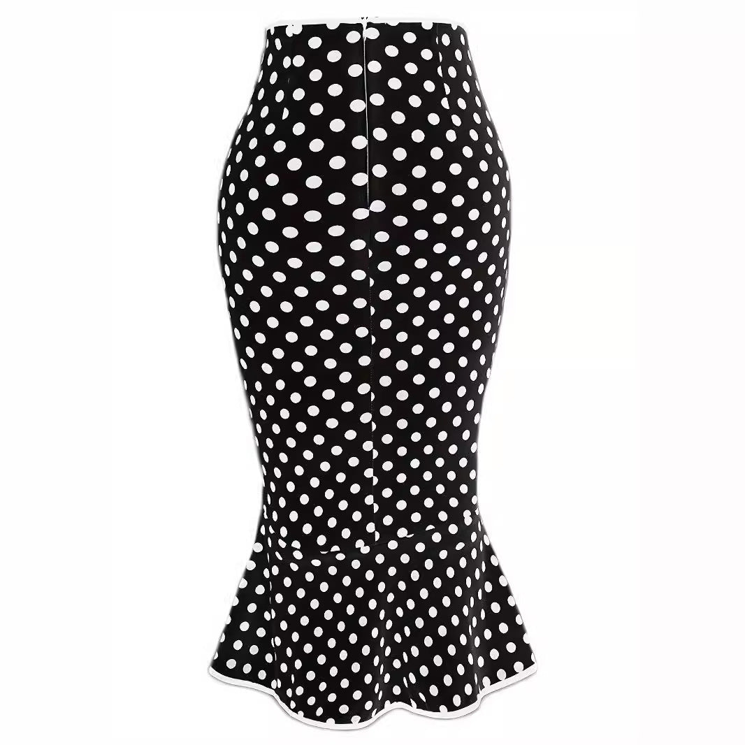 Button Lace-up Polka Dots Half Body Slim-fit Fishtail Skirt