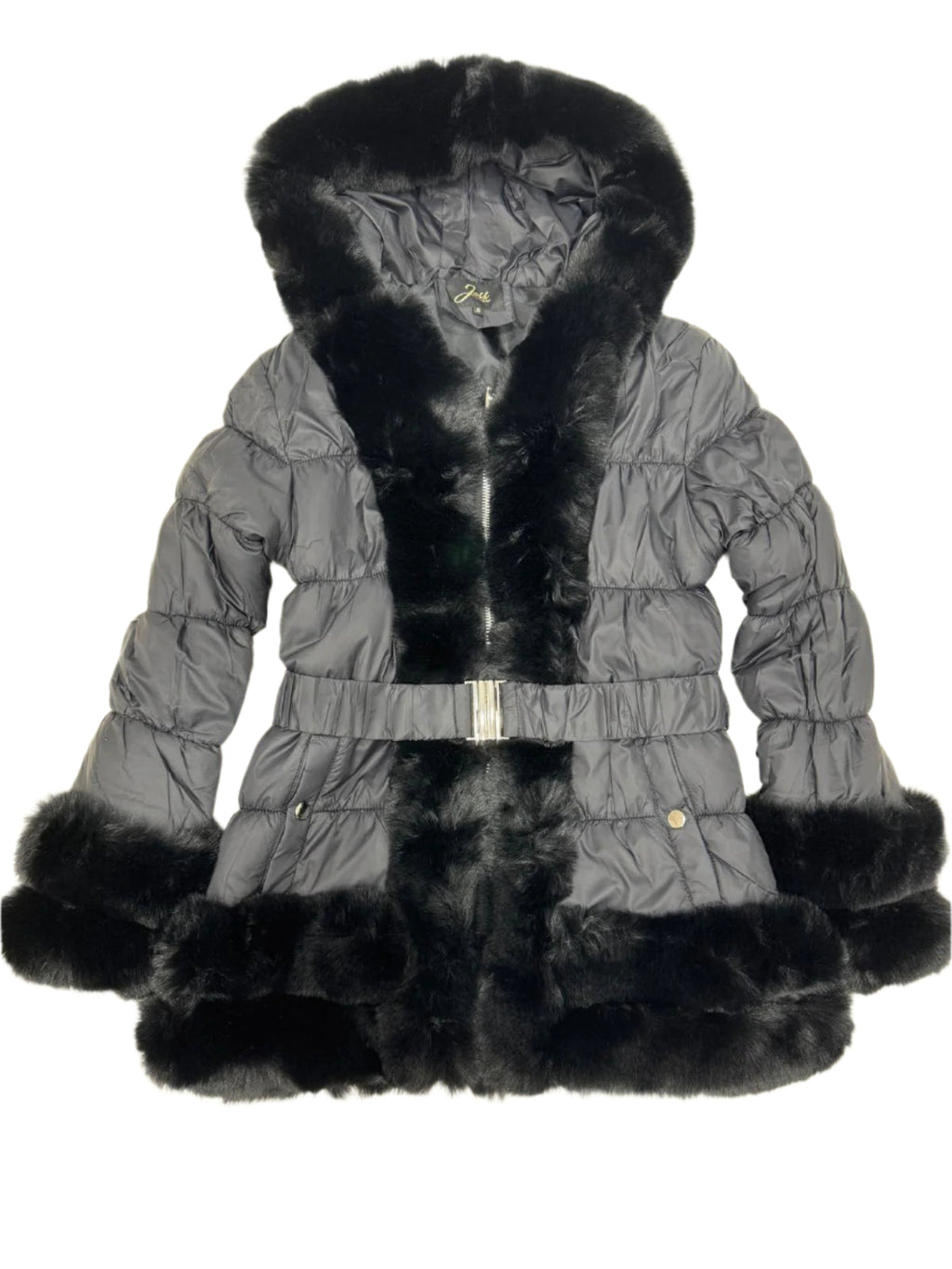 Faux Fur Trim Detail Puffer Jacket With Detachable Belt