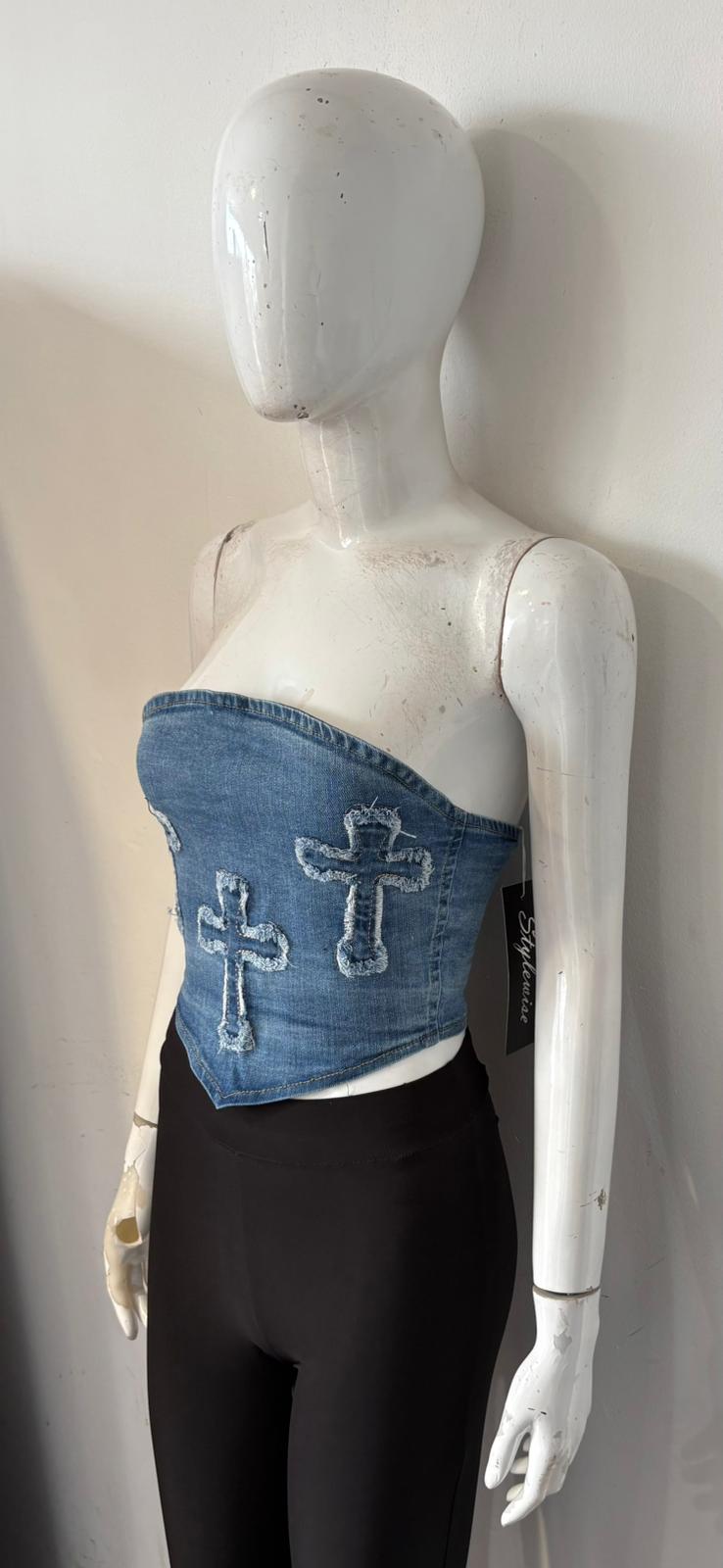Crucifix Embroidered Bandeau Denim Crop Top