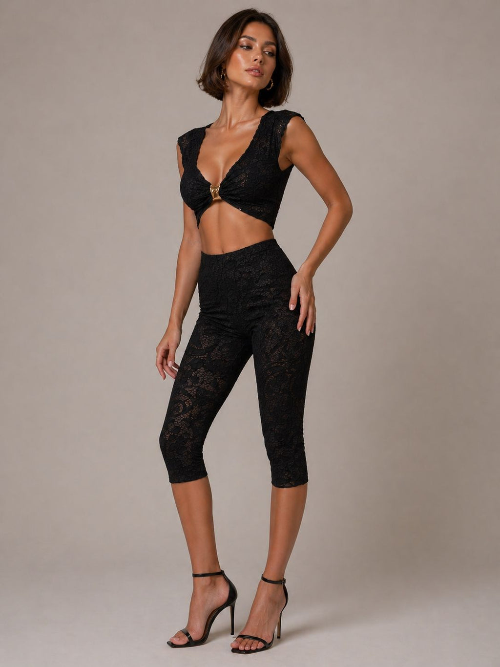 Lace Buckle Detail Crop Top & 3/4 Legging Co-ord