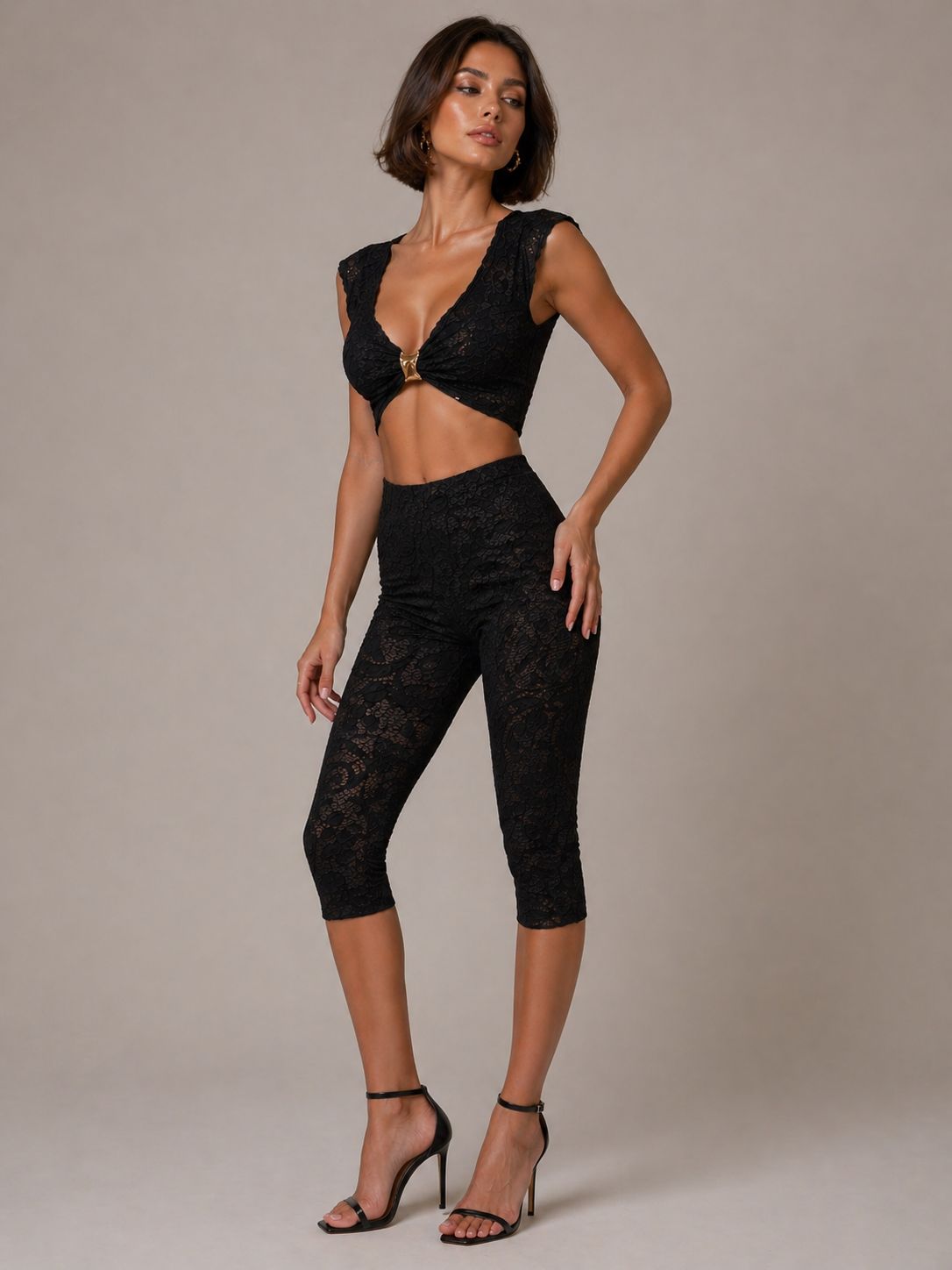Lace Buckle Detail Crop Top & 3/4 Legging Co-ord