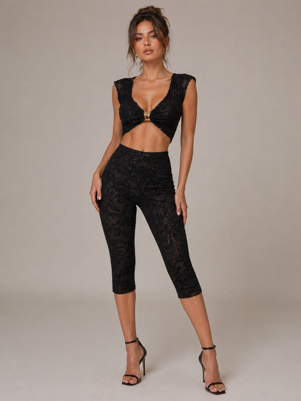 Lace Buckle Detail Crop Top & 3/4 Legging Co-ord
