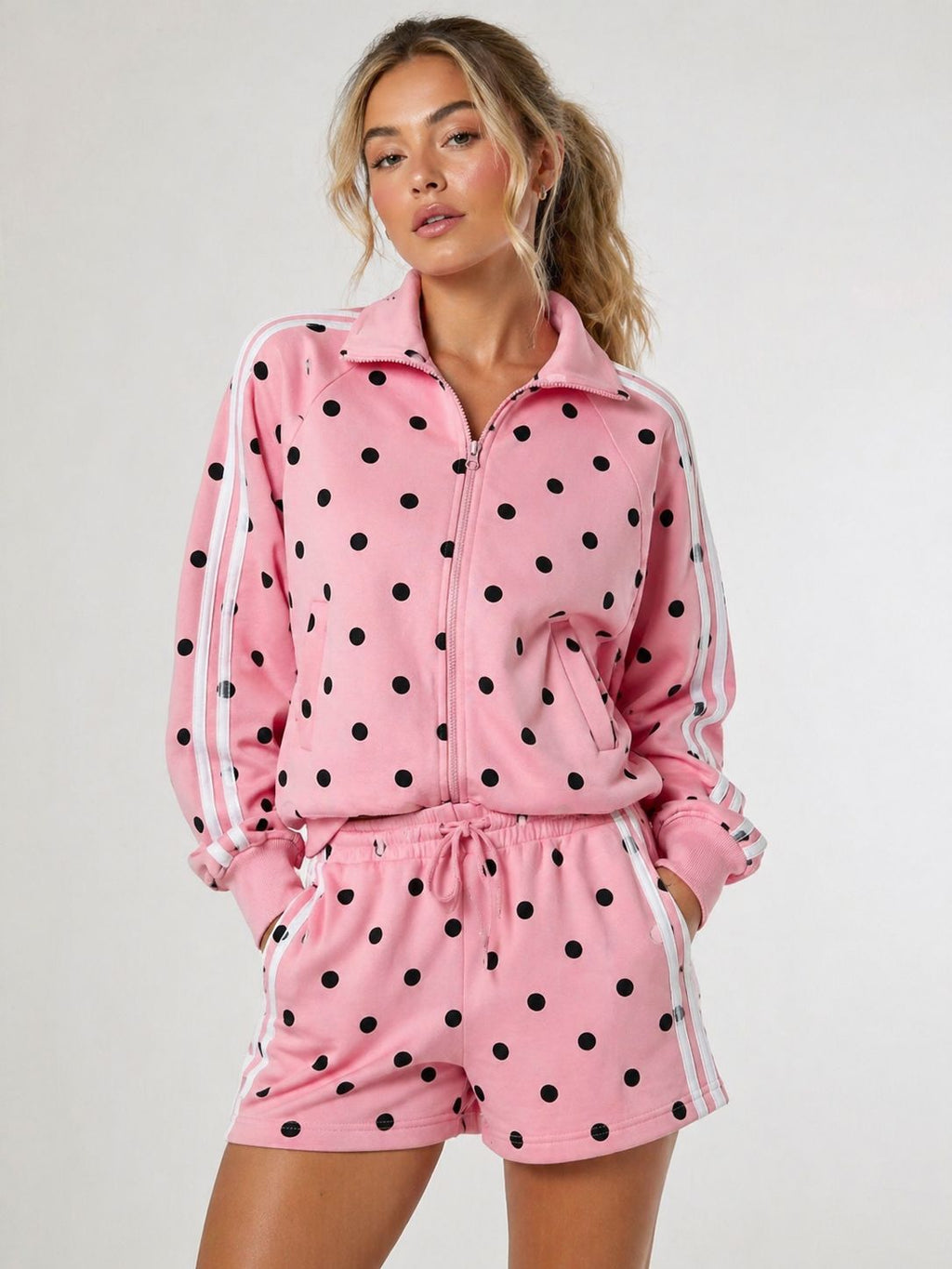 Polka Dot Side Stripe Top & Shorts Fleece Co-Ord