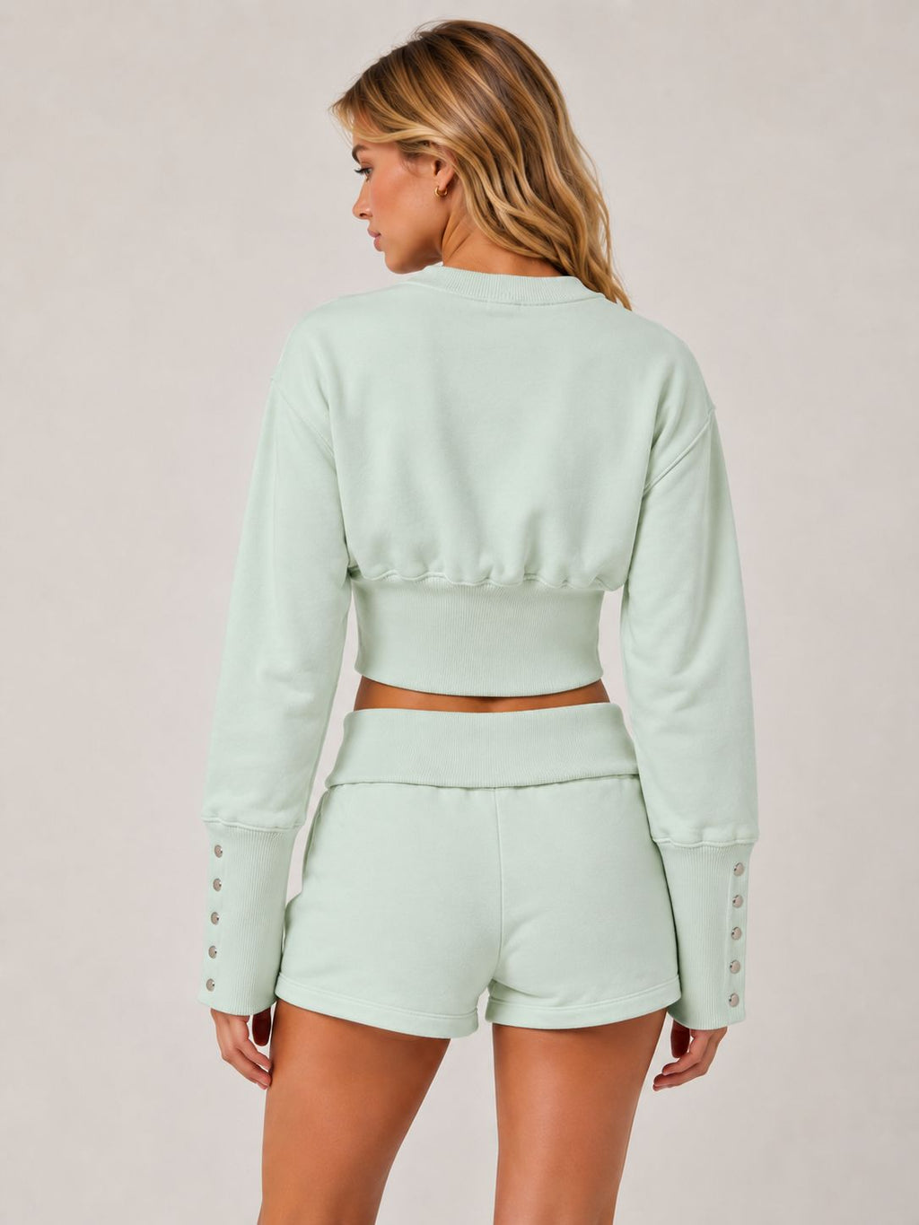 Button Up Sweatshirt & Folded Waist Shorts