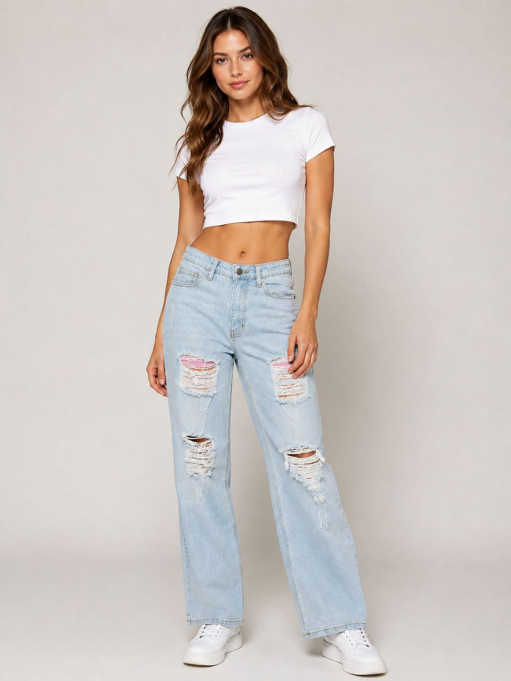 Pink Back Pocket Contrast Distressed Wide-Leg Jeans
