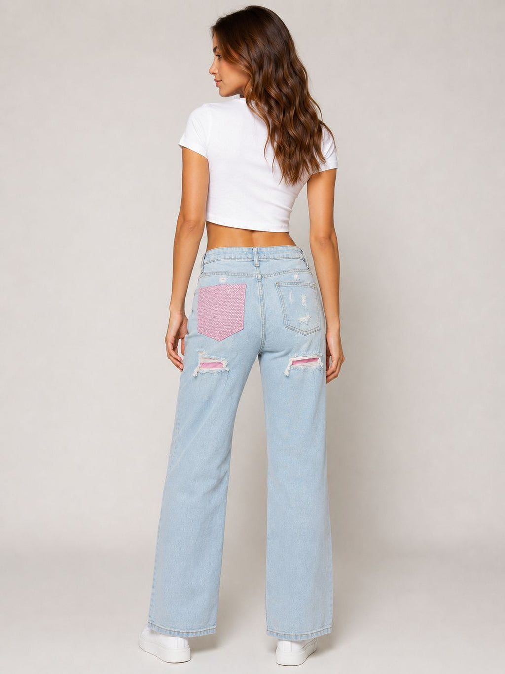Pink Back Pocket Contrast Distressed Wide-Leg Jeans