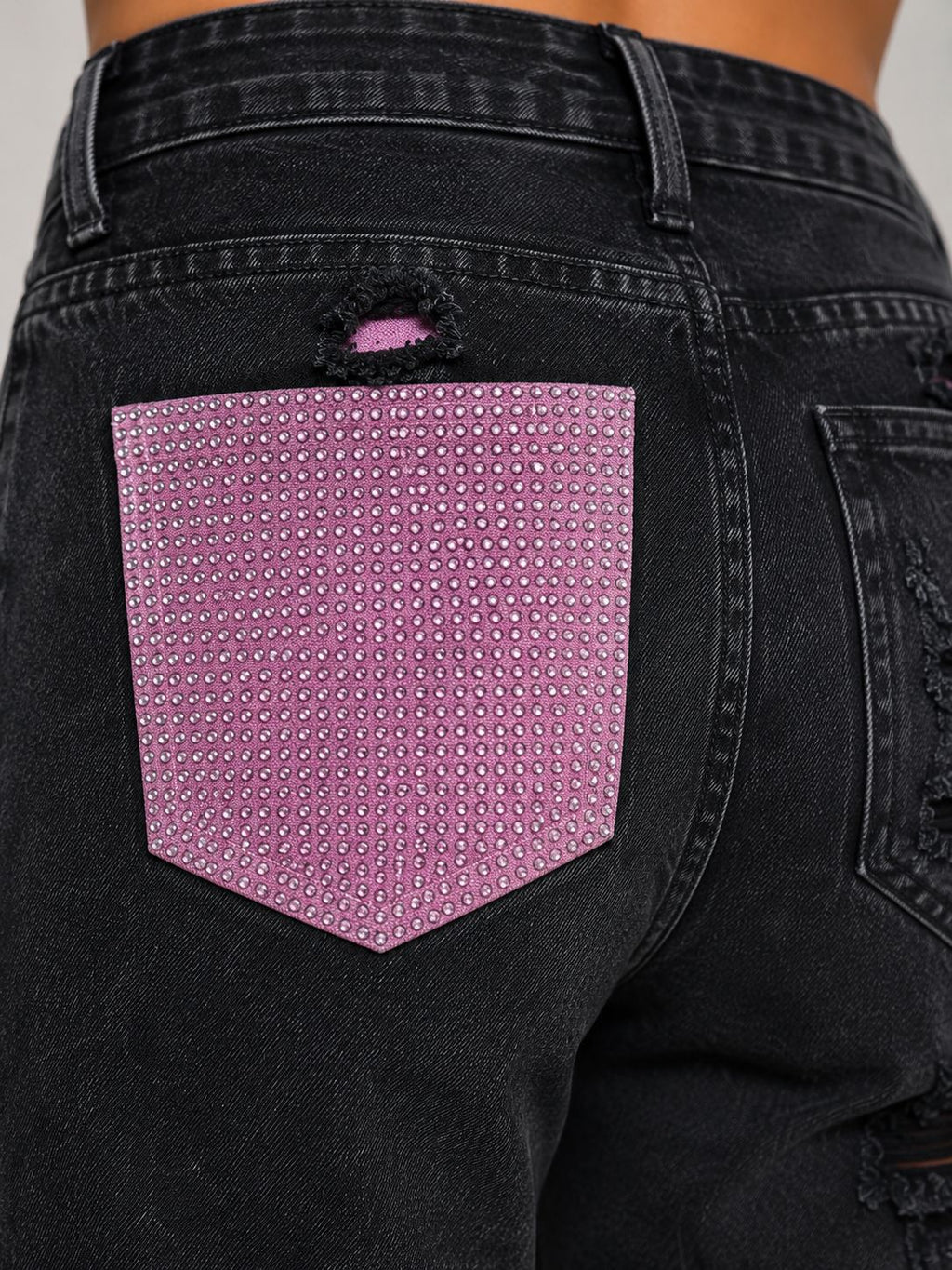 Pink Back Pocket Contrast Distressed Wide-Leg Jeans