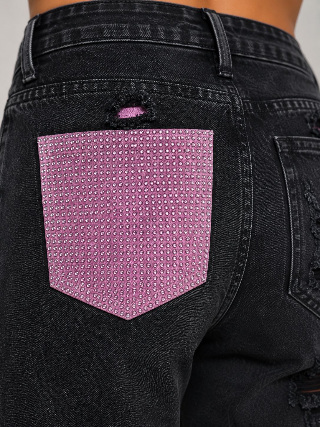 Pink Back Pocket Contrast Distressed Wide-Leg Jeans