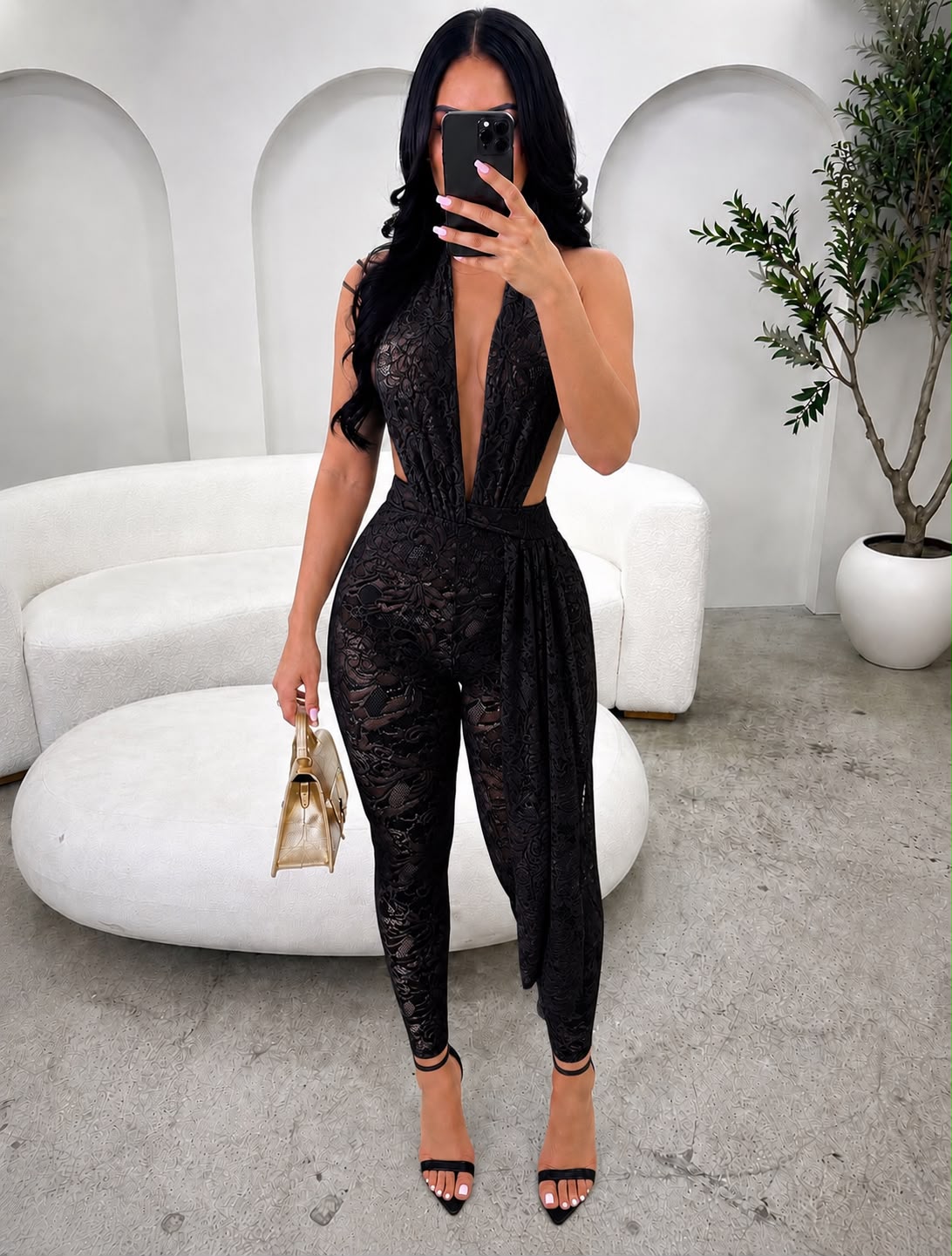 Lace Deep Plunge Halter Neckline Jumpsuit