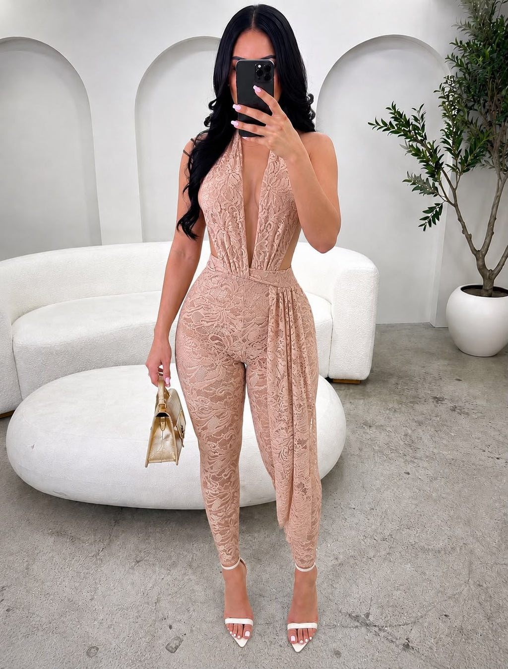 Lace Deep Plunge Halter Neckline Jumpsuit