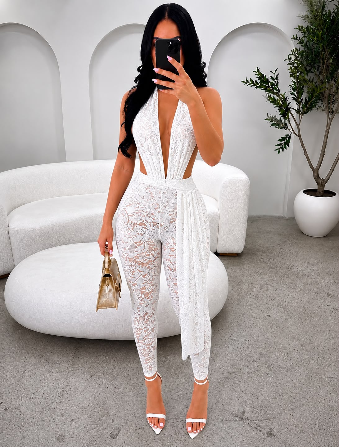 Lace Deep Plunge Halter Neckline Jumpsuit