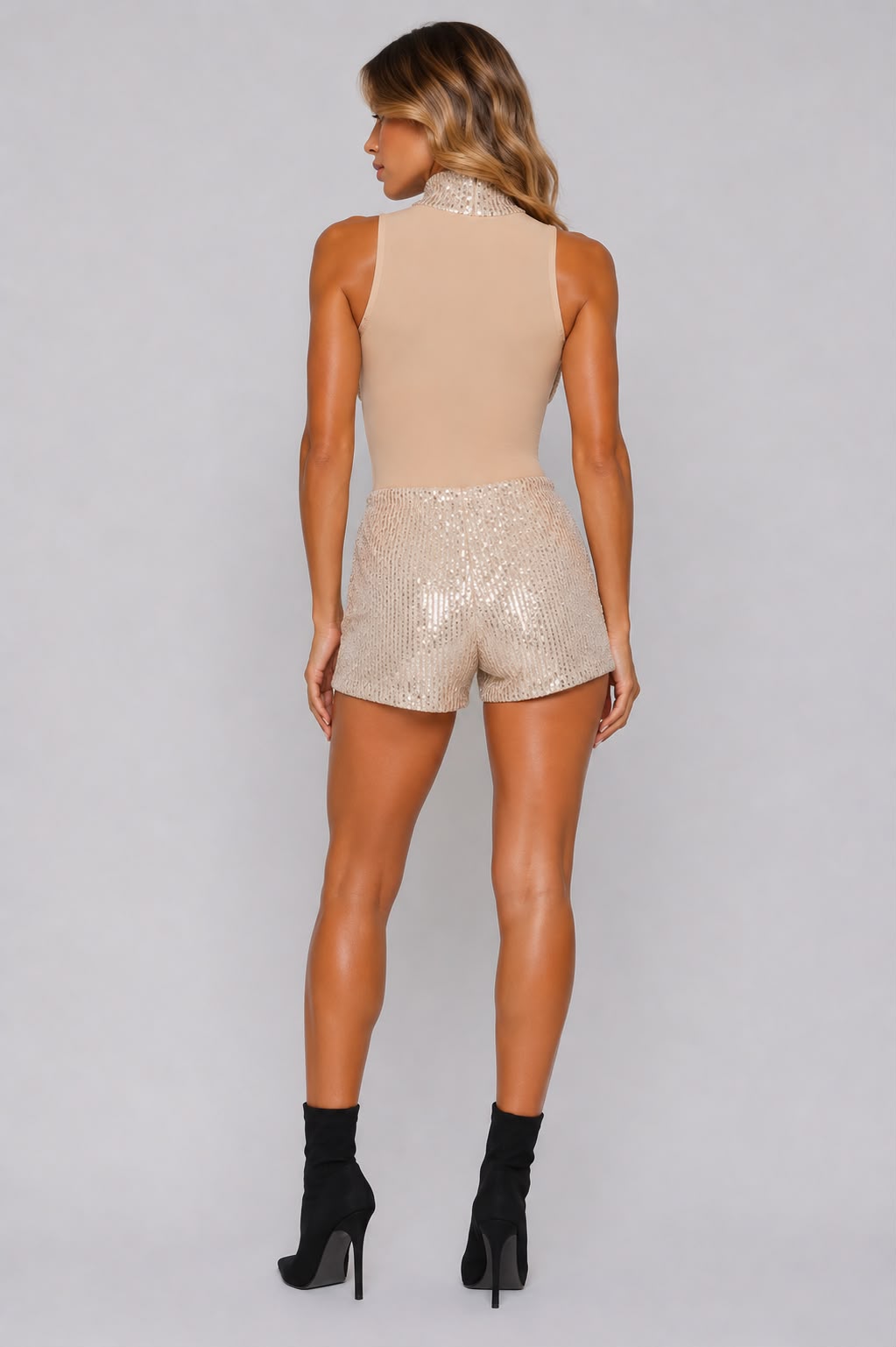 Sequin Mesh High Neck Bodysuit & Shorts Set