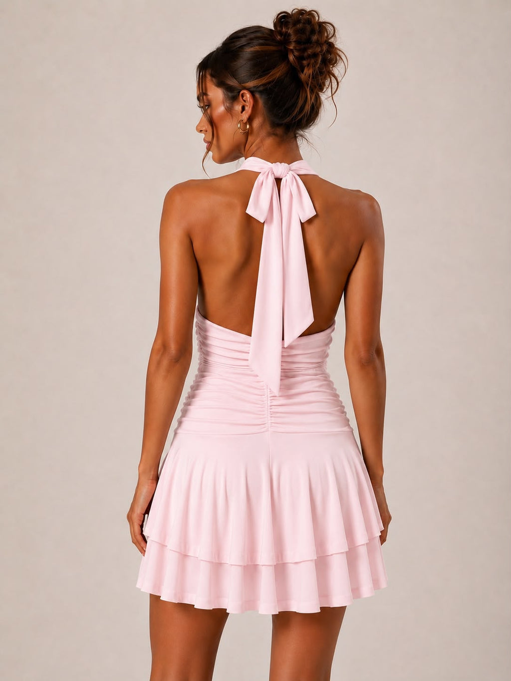 Halter Neck Ruched Frill Mini Dress