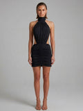 Ruched Open Back Halter Neck Mini Dress