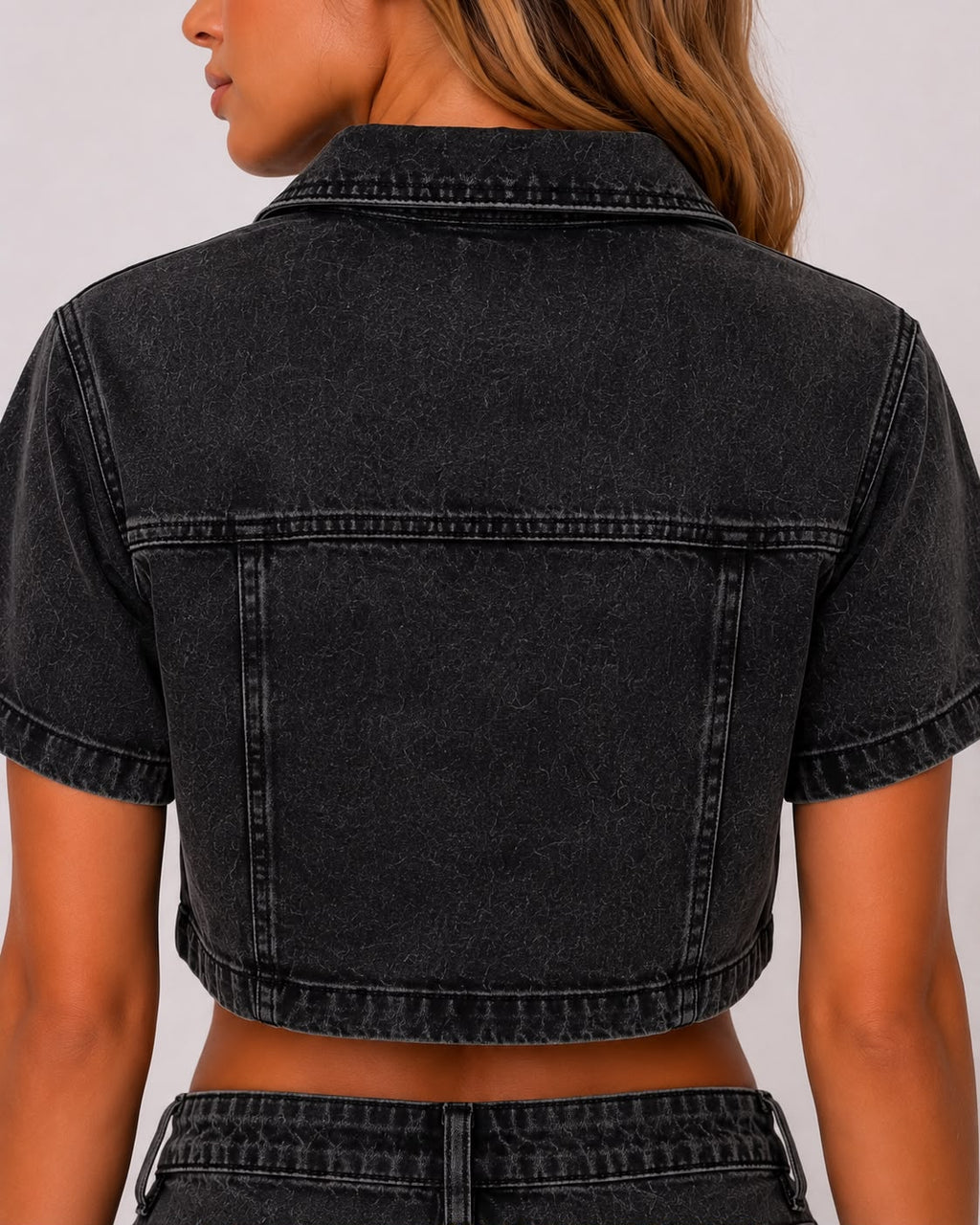 Collar Cropped Button-Up Denim Shirt