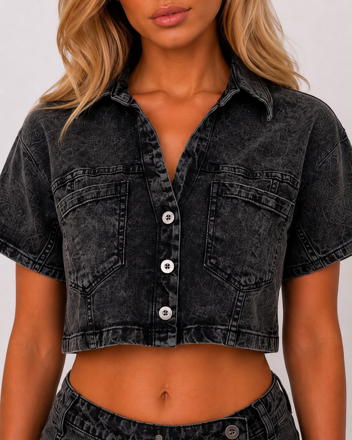 Collar Cropped Button-Up Denim Shirt