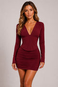 Long Sleeve Deep Plunge V-Neckline Mini Dress