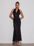 Quorveth  Halterneck Lace Maxi Dress In Black