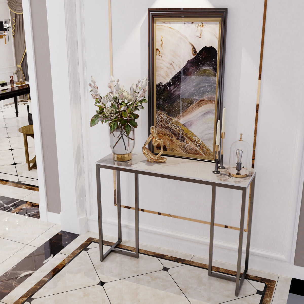 Marble Console Table Modern Accent Side Stand Sofa Entryway Hall Furniture Storage Display Table Metal Frame