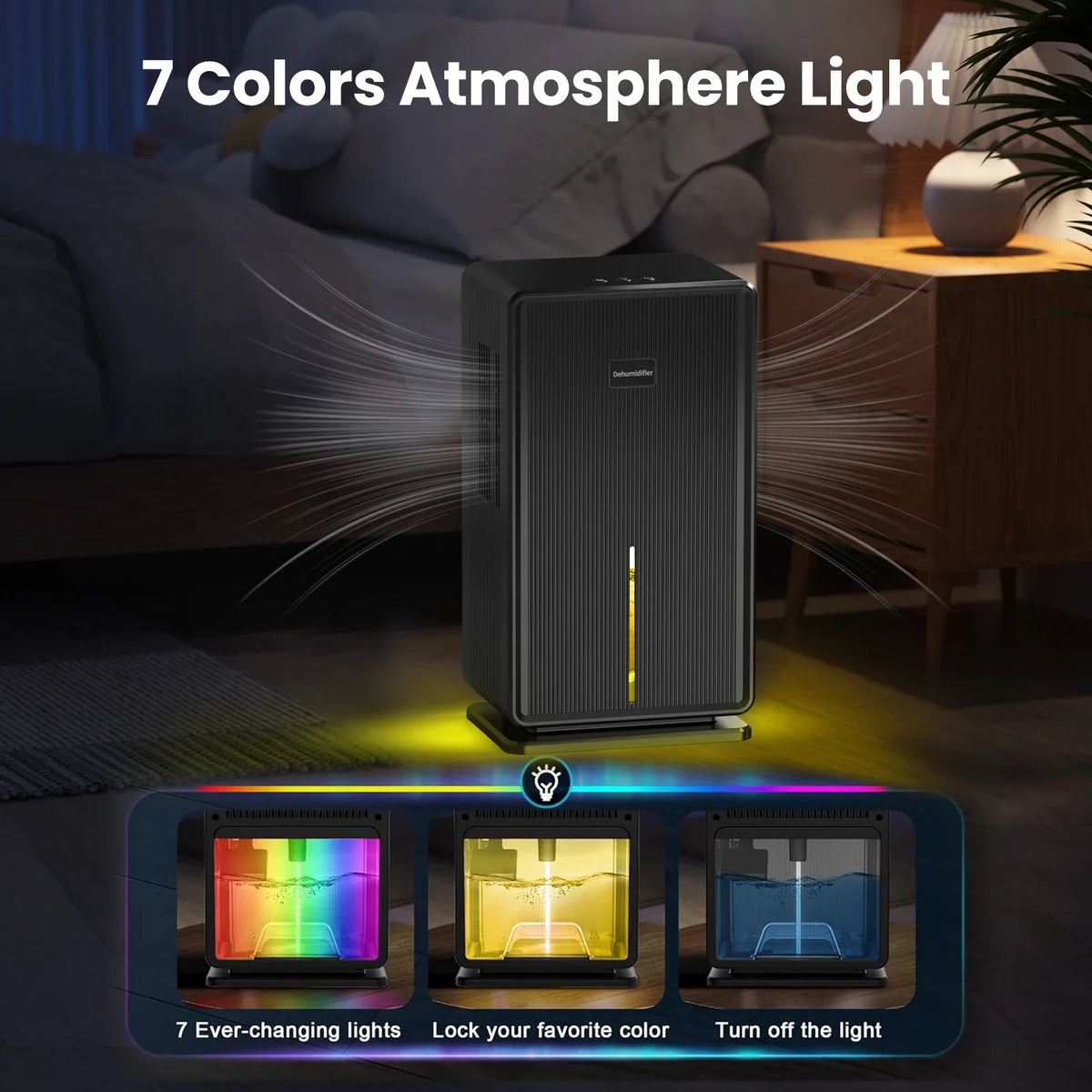 Home Dehumidifier, 750 sq. ft. bathroom dehumidifier, 100 oz dehumidifier, 7 colors night light, auto shut off, sleep mode