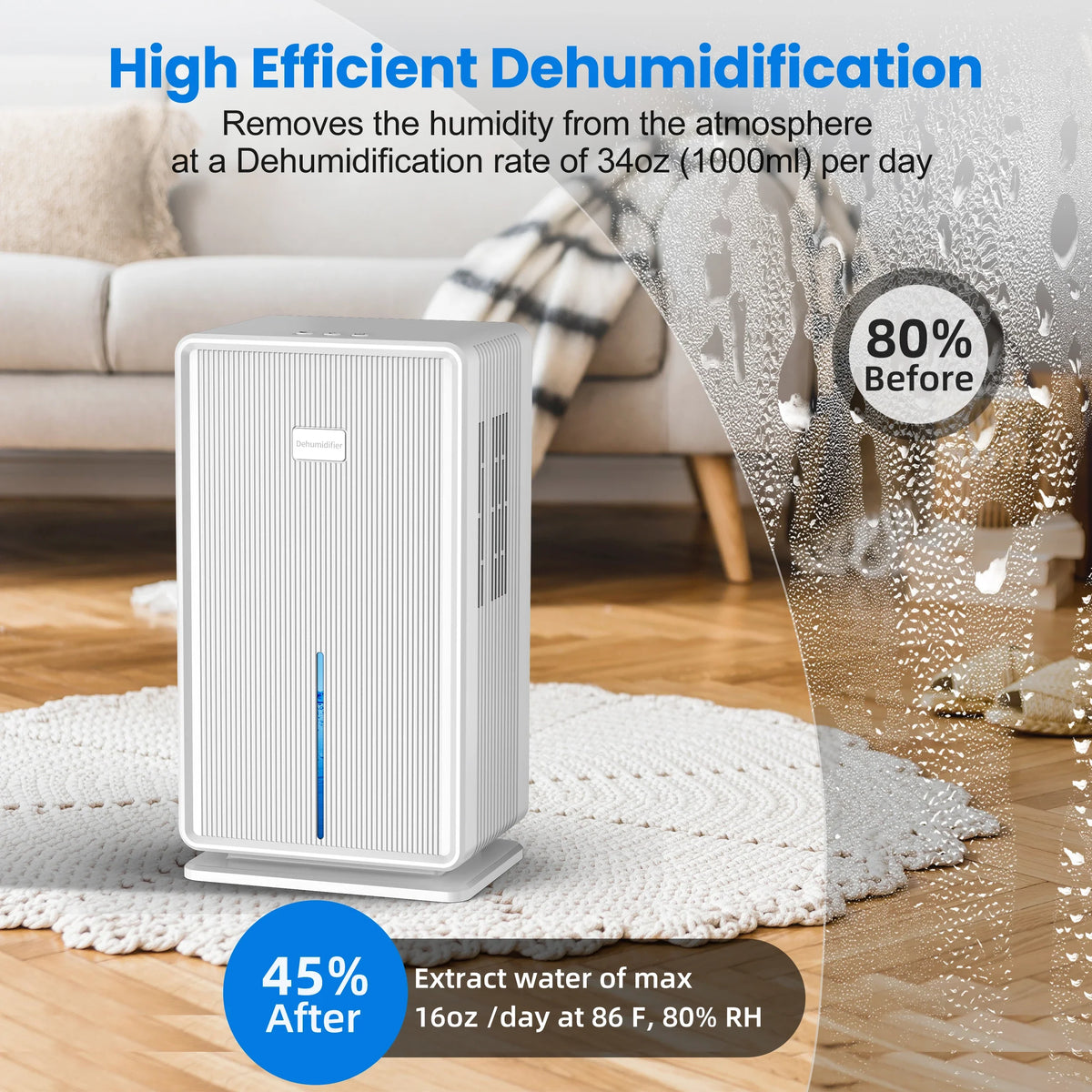 Home Dehumidifier, 750 sq. ft. bathroom dehumidifier, 100 oz dehumidifier, 7 colors night light, auto shut off, sleep mode
