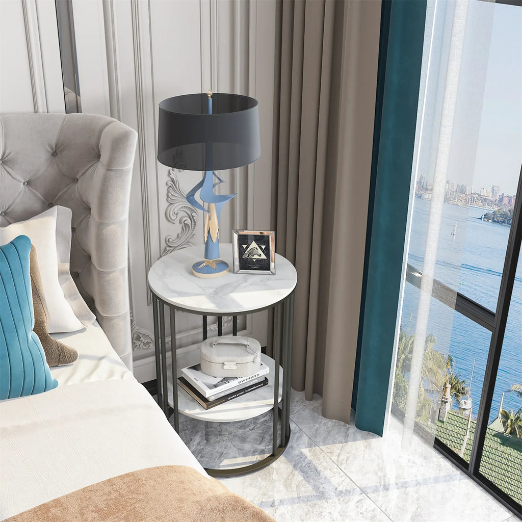 2 Tier Sintered Stone End Table Round White Sofa Side TableSmall Coffee Table with Black Frame - Modern Bedside Nightstand