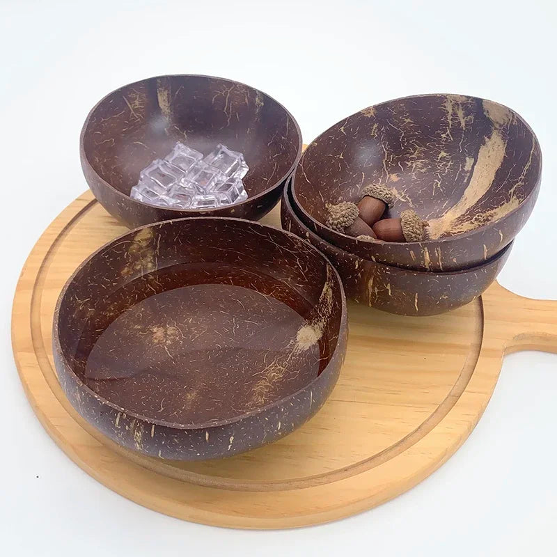 Natural Coconut Bowl Dinner Set for Women, Handmade Wooden Tableware, Wood Spoon, Dessert Fruit Salad, Mixing Rice Ramen Bowl, 1
