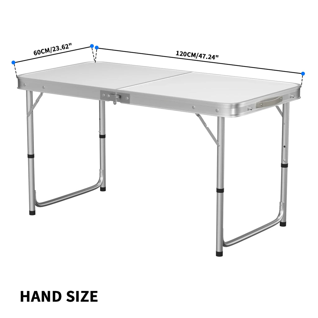 Features:  - Folding table with carry handle  - Moulded plastic top - includes handy carrying handle  - Sturdy aluminum alloy fr