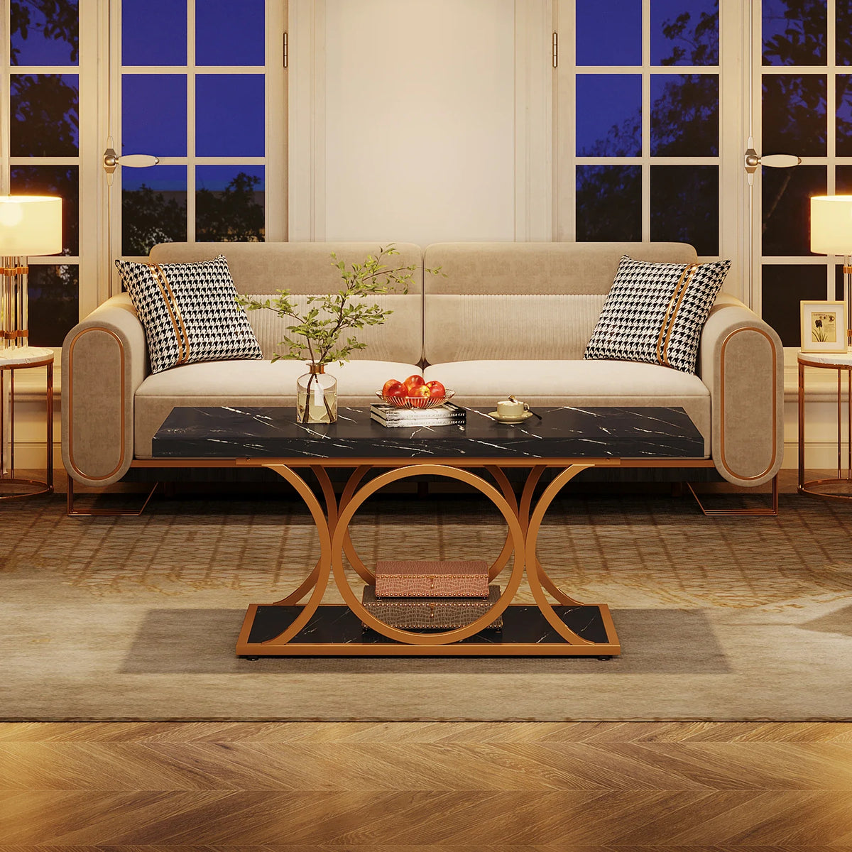 Tribesigns Rectangle Coffee Table, 47.24-inch Modern Coffee Tables for Living Room, 2-Tier Faux Marble Wood Coffee Table